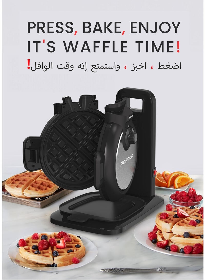 porodo Vertical Waffle Maker Hassle-Free Waffle with 5 Heat Levels & Nonstick Plate / 3 Min Waffle Making / Batter Tray / Even Heat Distribution / Compact Smart Design / Vertical Pouring - Black - Image 3